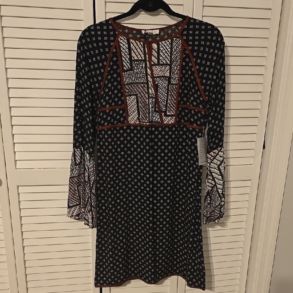 THML Patchwork Boho Dress | Bell Sleeve | NWT | Size S - Picture 2 of 5